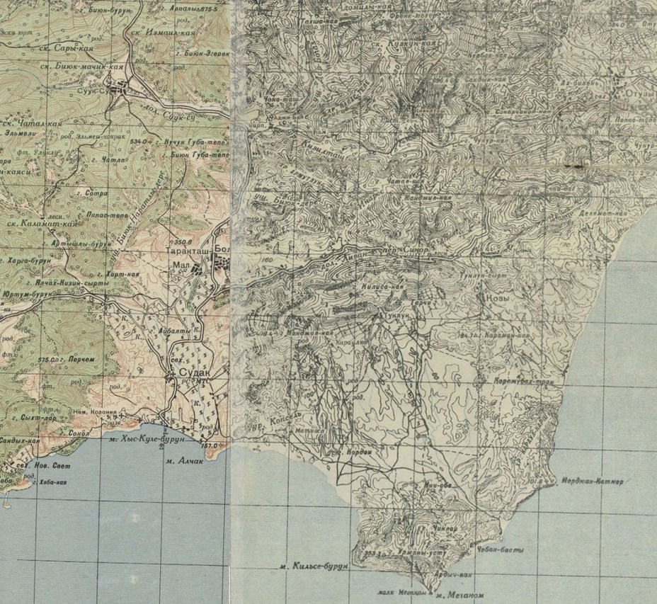 Район Судака на топографической карте 1941 года